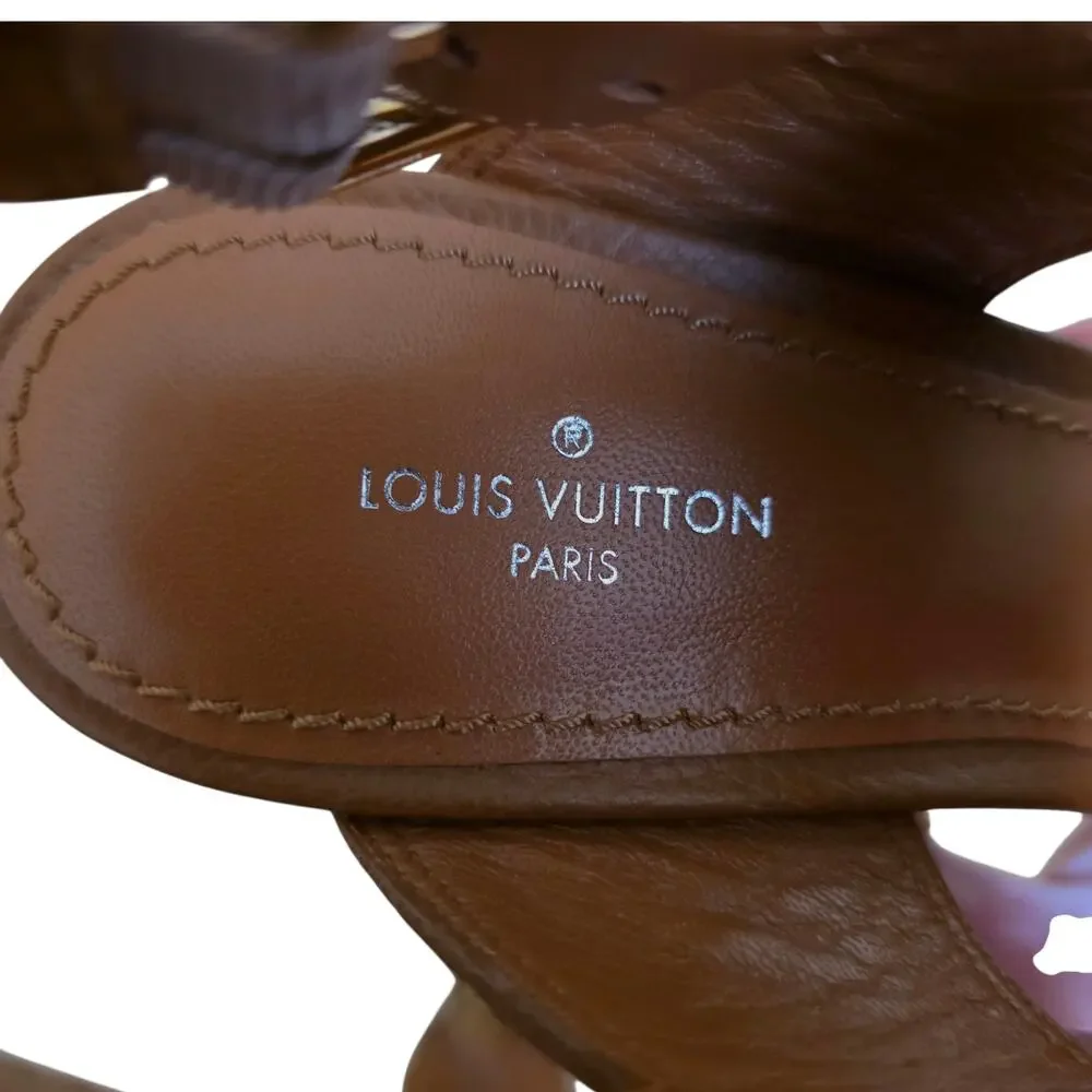 Louis Vuitton Platform Brown Leather Heel Sandals Logo Open Toe IT 36.5 US 6.5